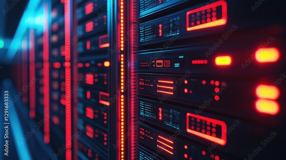 A close-up view of server racks illuminated by red and blue lights, showcasing modern data storage technology. A close-up view of server racks illuminated by red and blue lights, showcasing modern data storage technology.