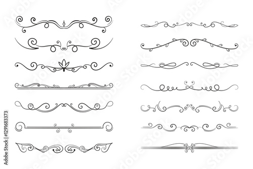 Abstract line borders, elegant design elements. Vector set of decorative ornate  patterns for invitations, certificates, documents. Vintage, swirls, flourishes. Black on white, intricate, detailed 