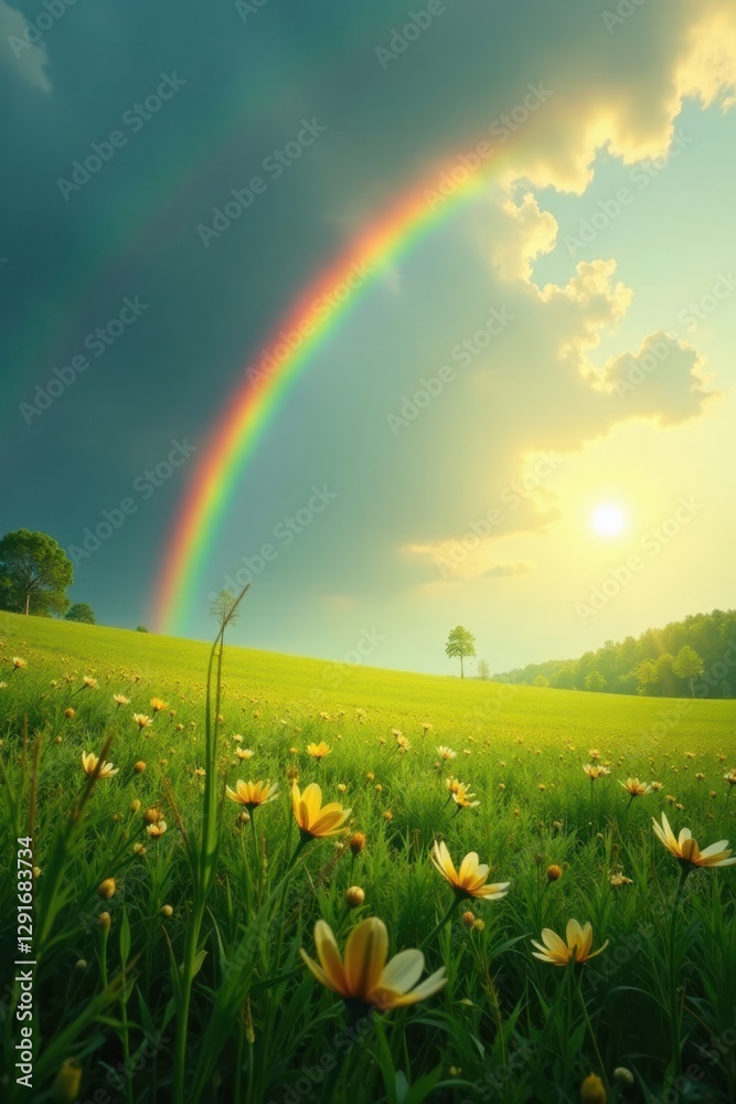 Naklejka premium Vibrant double rainbow arches over sunlit meadow, green & gold hues , stunning, magical