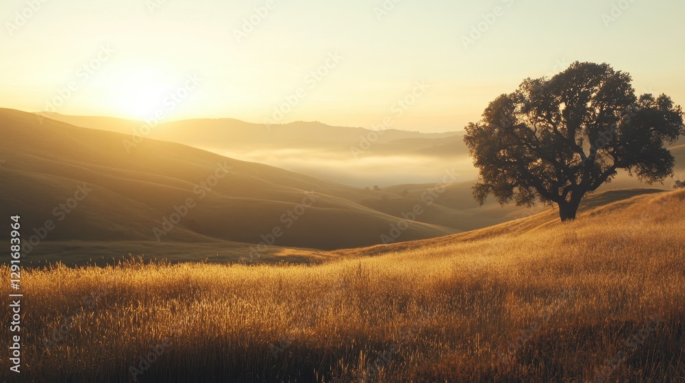 Fototapeta premium Golden sunrise illuminates rolling hills and fog in serene landscape at early morning