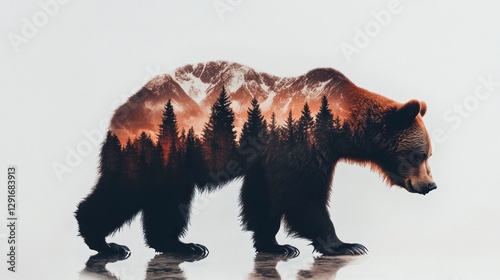 Full-body side silhouette of a brown bear with a double exposure of the forest and mountains in silhouette against the night sky.