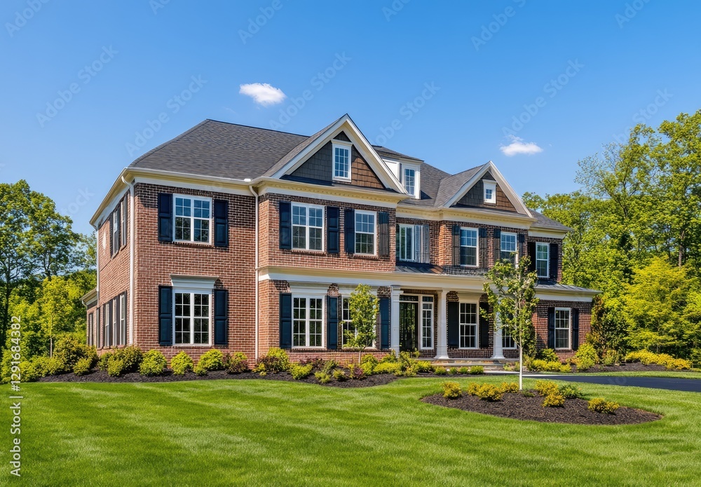 a large home with beautiful landscaping and a lush green lawn. The brown brick house has black shutters. The large front yard features well-manicured hedges a large home with beautiful landscaping and a lush green lawn. The brown brick house has black shutters. The large front yard features well-manicured hedges