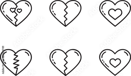 Doodle broken heart line art vector icons set, love heart editable stroke outline illustration. Isolated on a white background.
