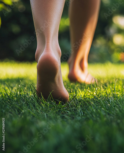 Close-up of feet walking on grass, barefoot, in green tones, in hyperrealistic photography style, high resolution