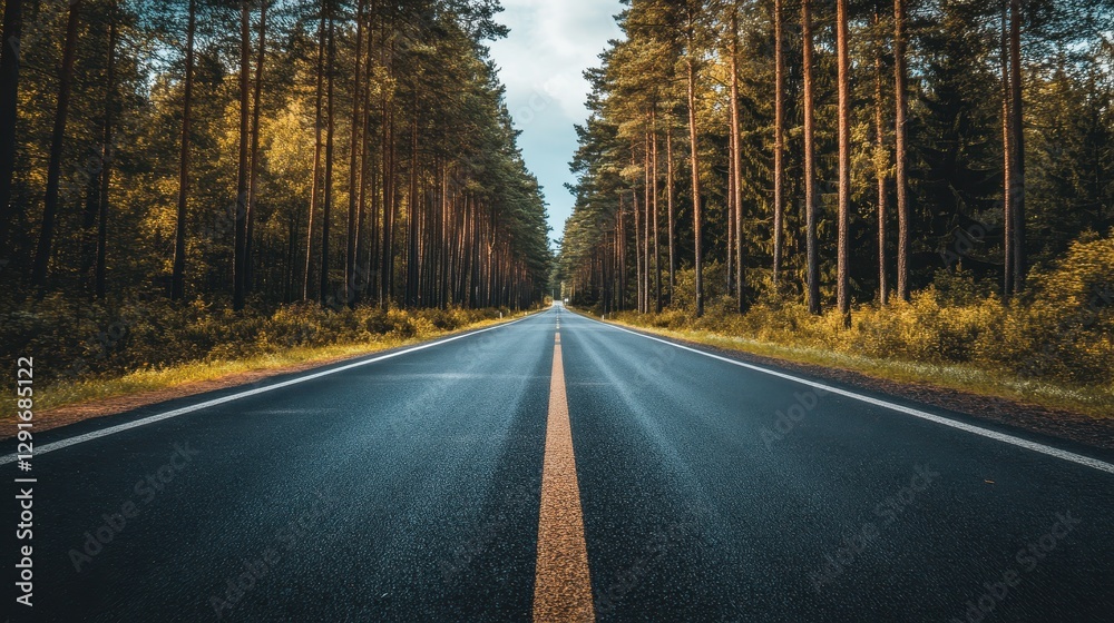 Fototapeta premium Long tree-lined road stretches through countryside under a blue sky filled with clouds in daylight