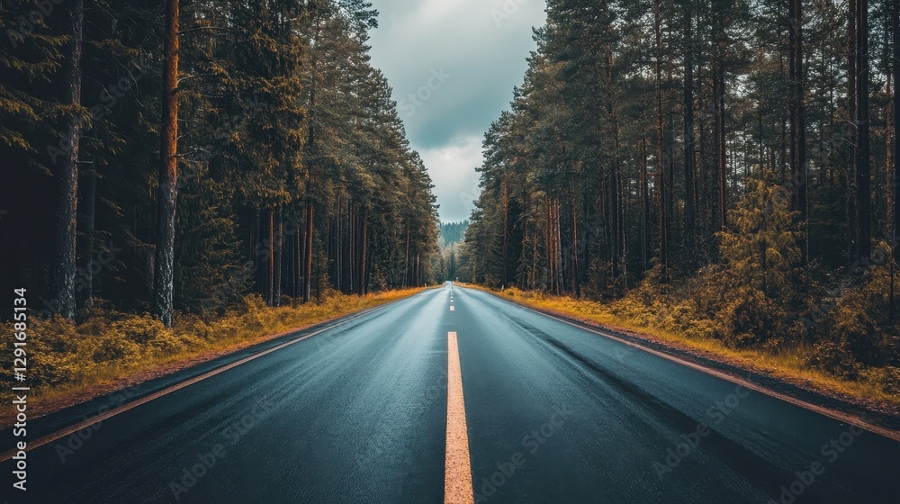Naklejka premium Long tree-lined road stretches through countryside under a blue sky filled with clouds in daylight