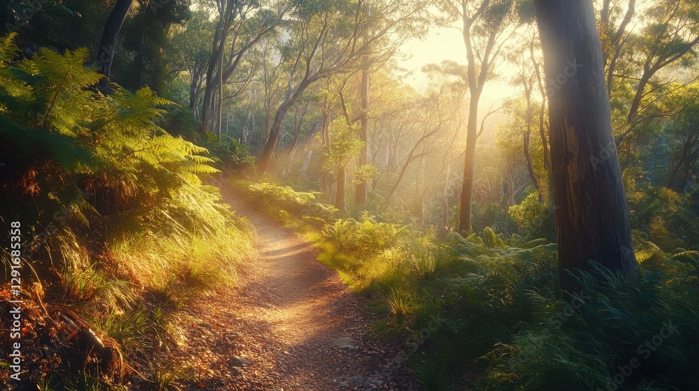 Obraz premium Sunlight filters through trees along a tranquil forest path in early morning light
