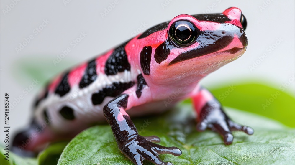 Obraz premium Pink-black frog on leaf, rainforest background, nature study