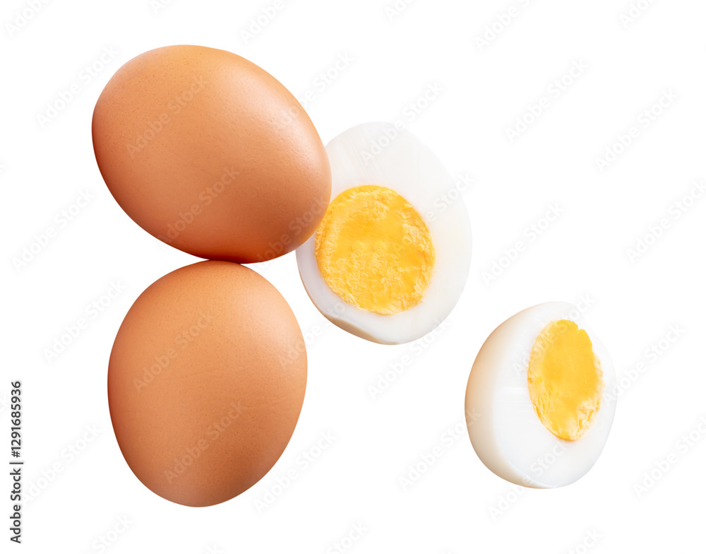 Top view set of two raw chicken eggs and cooked or boiled egg with egg yolk in two halves isolated on white background with clipping path Top view set of two raw chicken eggs and cooked or boiled egg with egg yolk in two halves isolated on white background with clipping path