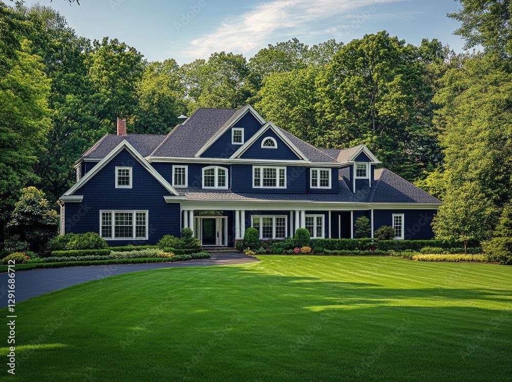 a large house in the suburbs of Long Island, New York, with a dark blue exterior and white trim. a large house in the suburbs of Long Island, New York, with a dark blue exterior and white trim.