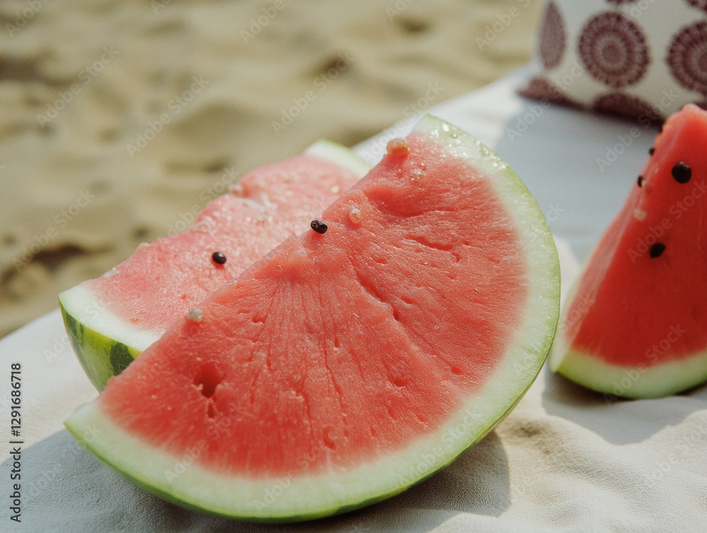 Fresh watermelon slices on beach sand - perfect summer refreshment and picnic concept Fresh watermelon slices on beach sand - perfect summer refreshment and picnic concept