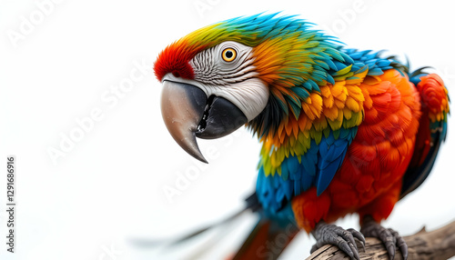 Colorful Macaw Perched on Branch Against White Background Close Up