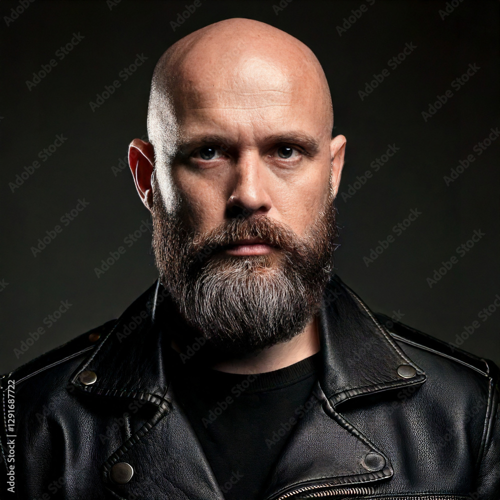 bald and bearded man wearing a black leather jacket
