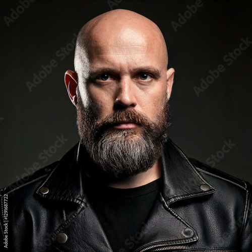 Obraz na płótnie bald and bearded man wearing a black leather jacket w salonie