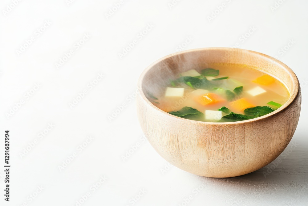 Steamy Vegetable Soup in Wooden Bowl with Fresh Ingredients Steamy Vegetable Soup in Wooden Bowl with Fresh Ingredients