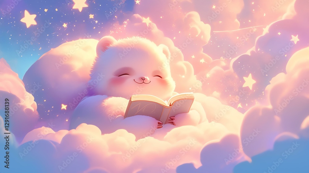 A cute bear reading a book in fluffy clouds under a starry sky, radiating joy and warmth. A cute bear reading a book in fluffy clouds under a starry sky, radiating joy and warmth.