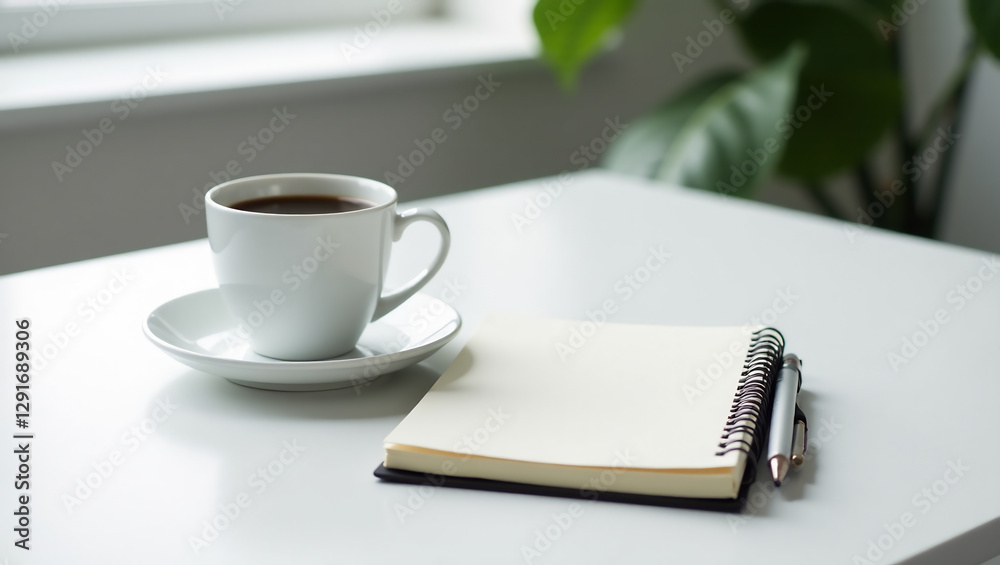 Coffee Cup and Notebook, Minimalist White Desk (16:9) Coffee Cup and Notebook, Minimalist White Desk (16:9)