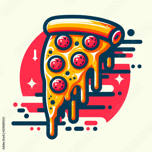 Dripping slice of pepperoni pizza with melted cheese, vibrant illustration, fun design, copy space