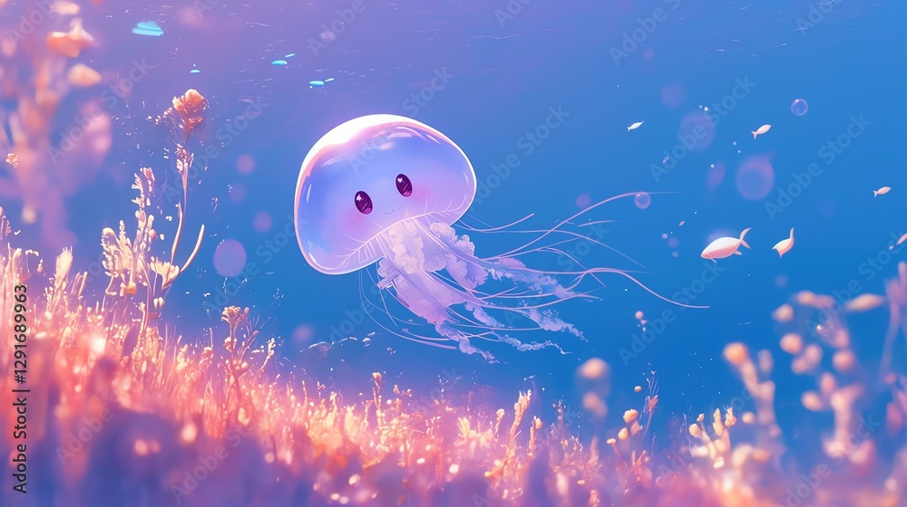 Naklejka premium A serene jellyfish gliding through vibrant underwater scenery, showcasing marine beauty.