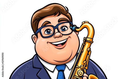 a 2D cartoon illustration of a saxophonist playing smooth jazz, soulful and expressive, white background