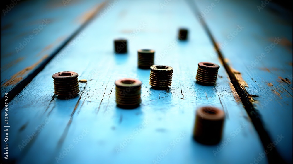 Close-Up View of Stacked Coins on a Blue Wooden Surface with Soft Focus Lighting Effects Close-Up View of Stacked Coins on a Blue Wooden Surface with Soft Focus Lighting Effects