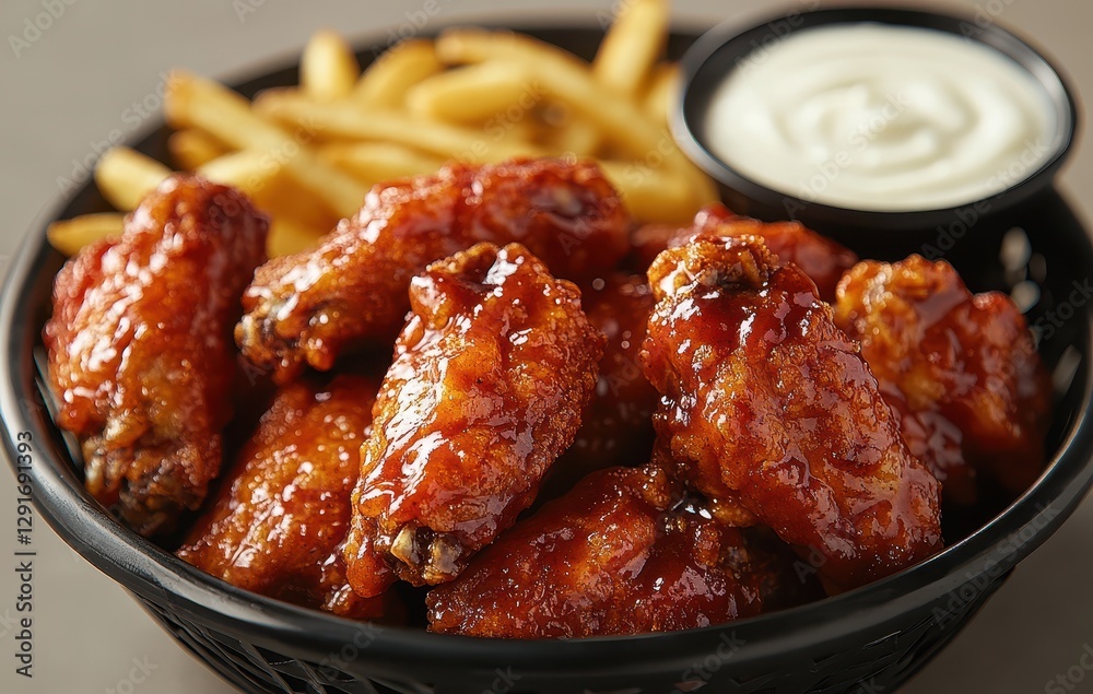 Deliciously Juicy Chicken Wings Glazed with Tangy Sauce Served with Crispy French Fries and Creamy Dipping Sauce on a Rustic Wooden Surface Deliciously Juicy Chicken Wings Glazed with Tangy Sauce Served with Crispy French Fries and Creamy Dipping Sauce on a Rustic Wooden Surface