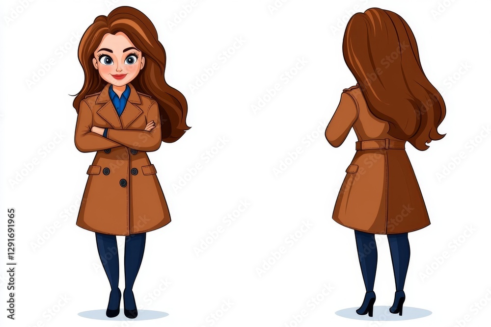 a 2D cartoon illustration of a woman modeling a fashionable trench coat, stylish and elegant, white background a 2D cartoon illustration of a woman modeling a fashionable trench coat, stylish and elegant, white background