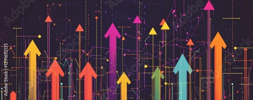 Big data scalability concept illustrated with vibrant arrows and graphs, showcasing growth and optimization in technology