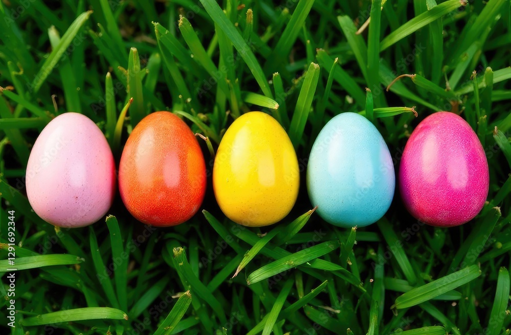 Overhead view of colorful Easter eggs lined up in a row over a background of grass. Flat lay style. Overhead view of colorful Easter eggs lined up in a row over a background of grass. Flat lay style.