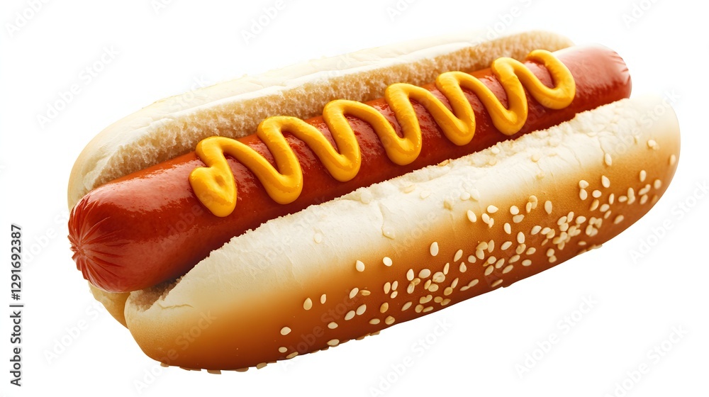Classic Hotdog Topped With Mustard On A Soft Sesame Seed Bun Isolated On White Background Classic Hotdog Topped With Mustard On A Soft Sesame Seed Bun Isolated On White Background