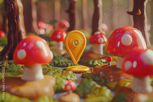 Colorful mushroom forest scene features a bright yellow map pin in a whimsical, cartoonish style during a sunny day