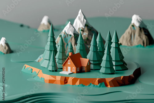 Mountain landscape featuring a small house amidst stylized trees and rock formations in a serene environment