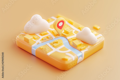 Vibrant map design featuring buildings, clouds, and a river in a playful, colorful style