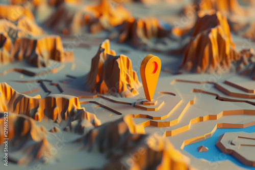 Topographic landscape featuring a location marker in vibrant orange and yellow tones