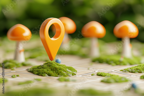Colorful map marker stands out among vibrant mushrooms in a lush forest setting during the day