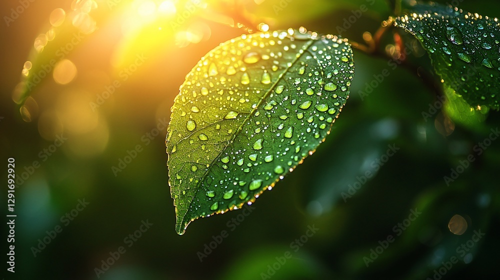 Dew drops on a leaf at sunrise. Dew drops on a leaf at sunrise.