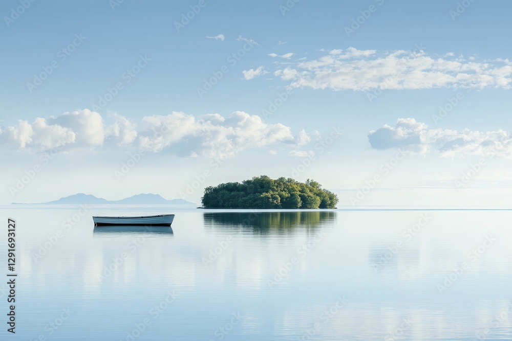 Fototapeta premium Boat on calm waters with distant island, empty space.