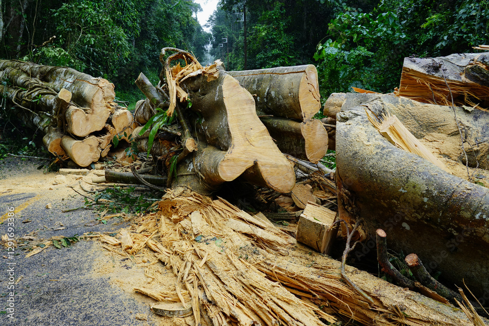 Obraz premium Heavy rain and strong winds caused large trees to fall and block traffic.
