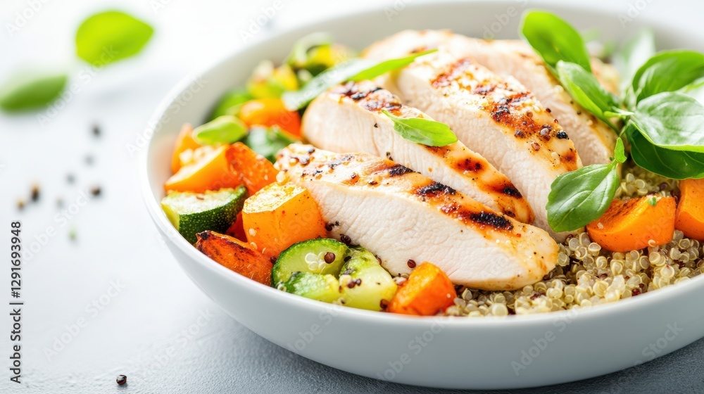 Close-Up of Grilled Chicken Breast Served with Quinoa and Vegetables Close-Up of Grilled Chicken Breast Served with Quinoa and Vegetables
