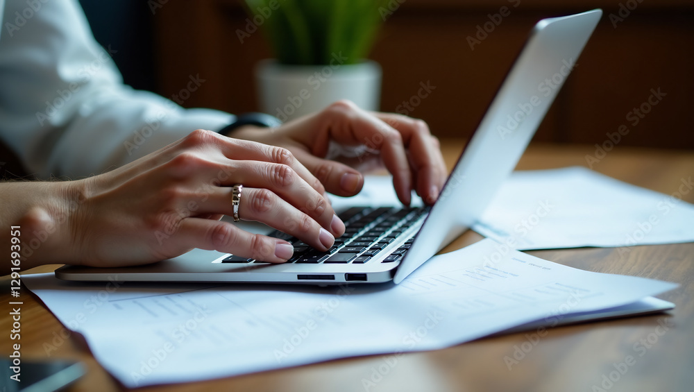 Hands Typing on Keyboard, Over Documents, Multitasking (16:9) Hands Typing on Keyboard, Over Documents, Multitasking (16:9)