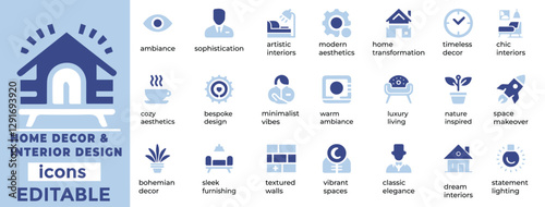 Stylish home decor and interior vector icons for furniture, design, renovation and decor projects. Perfect for web and print