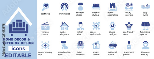 Stylish home decor and interior vector icons for furniture, design, renovation and decor projects. Perfect for web and print