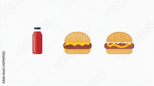 Simple illustration of ketchup and two hamburgers on a plain background. Use Educational material or graphic design