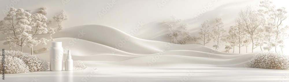 Fototapeta premium White bottles on snowy landscape. Peaceful winter scene. Product display