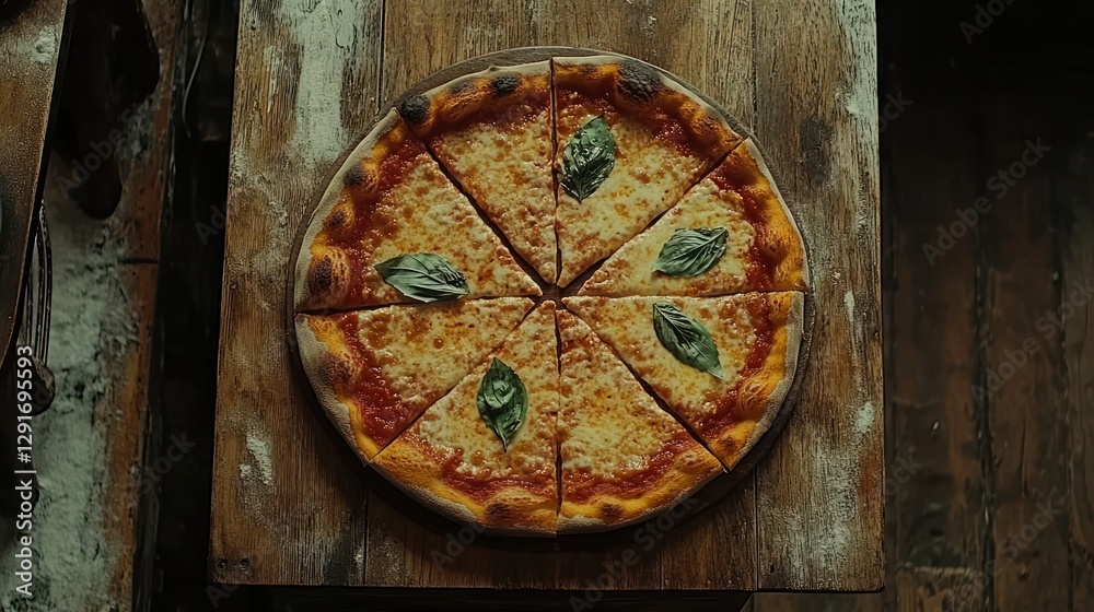 Sliced pizza with basil on rustic wooden table, flour, and kitchen background Sliced pizza with basil on rustic wooden table, flour, and kitchen background