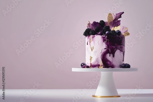 A luxurious berry-themed cake with artistic purple drip glaze, gold leaf details, and fresh blackberries and blueberries on a stylish pedestal stand.