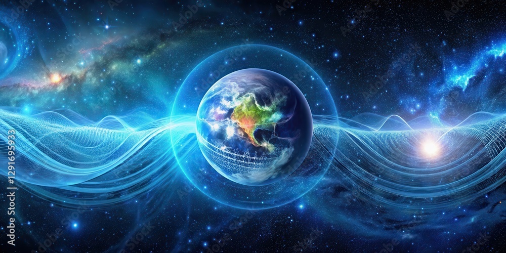 Obraz premium A Celestial Embrace Planet Earth Enveloped by Interconnected Energy Waves in a Vast, Starlit Cosmos