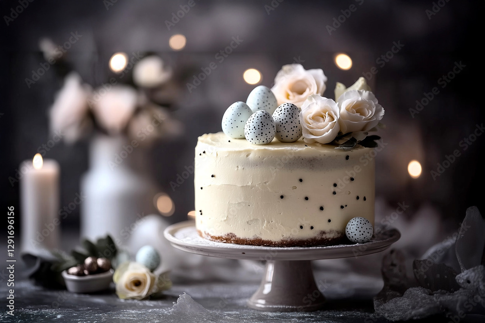 Fototapeta premium Artistic Easter cake with a minimalist white design, highlighted by soft candlelight and pastel chocolate eggs for a cozy festive ambiance.