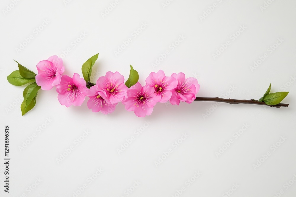 Fototapeta premium Beautiful pink cherry blossom flowers on a branch, isolated on a white background. Detailed photograph,