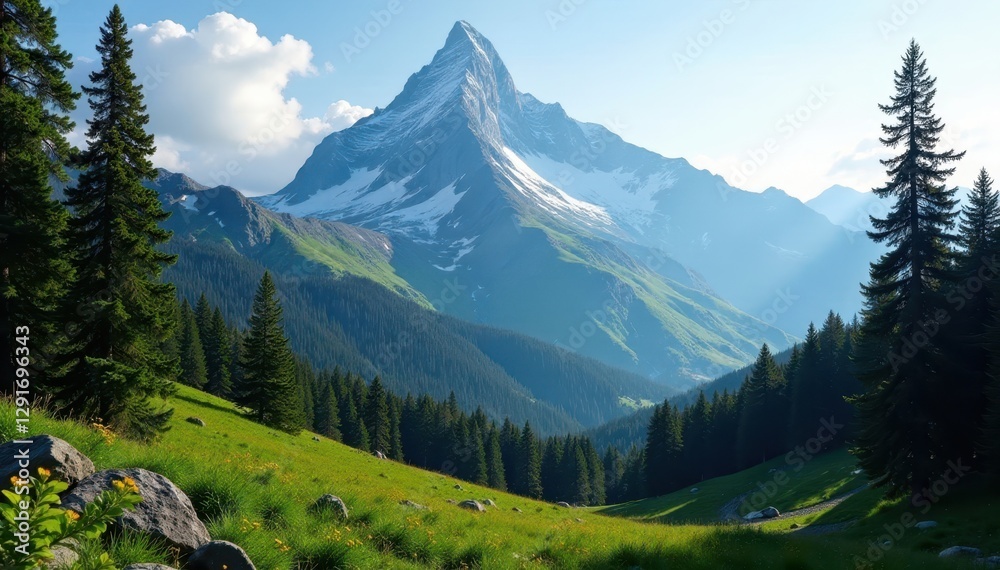 Obraz premium Hyalite Peak dramatically emerges from trees, majestic above green valley , stone, shadow, panoramic